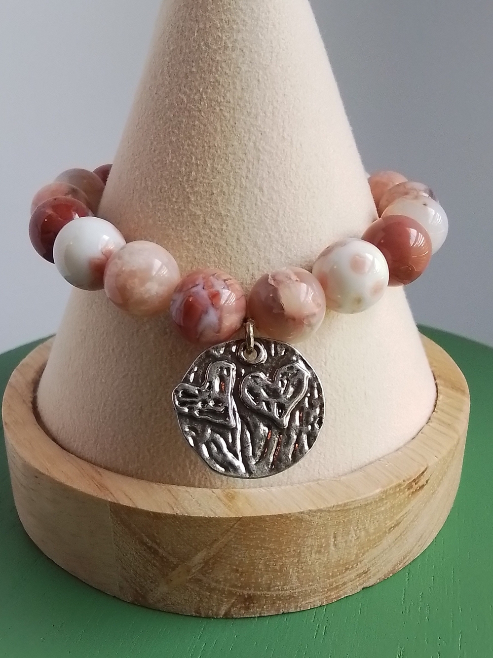 Handmade Pink Petal Agate Bead Bracelet with Silver Heart Charm
